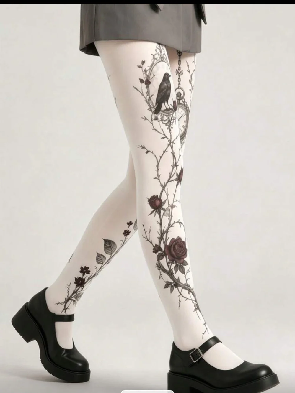 Floral Raven & Pocket Watch Printed Tights in White